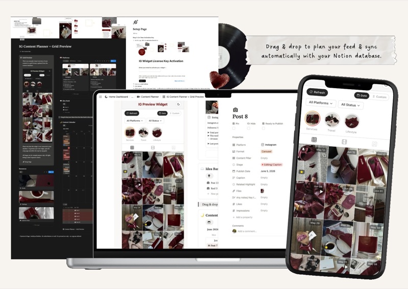 IG Content Planner and Grid Preview Widget shown across desktop, laptop and phone